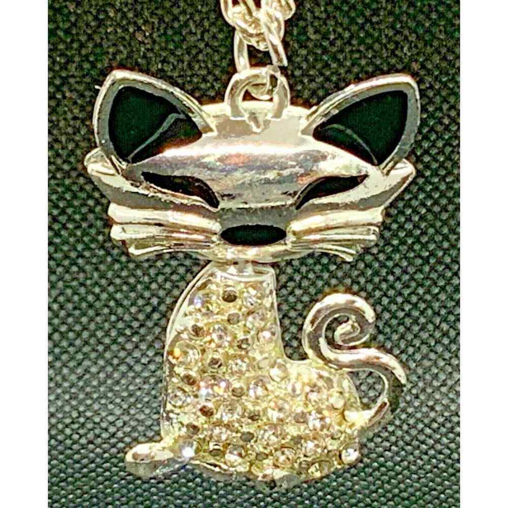 ARTICULATED 3D ST & Enamel Puffy Cat Rhinestones Necklace Heart Cutout Back Gift